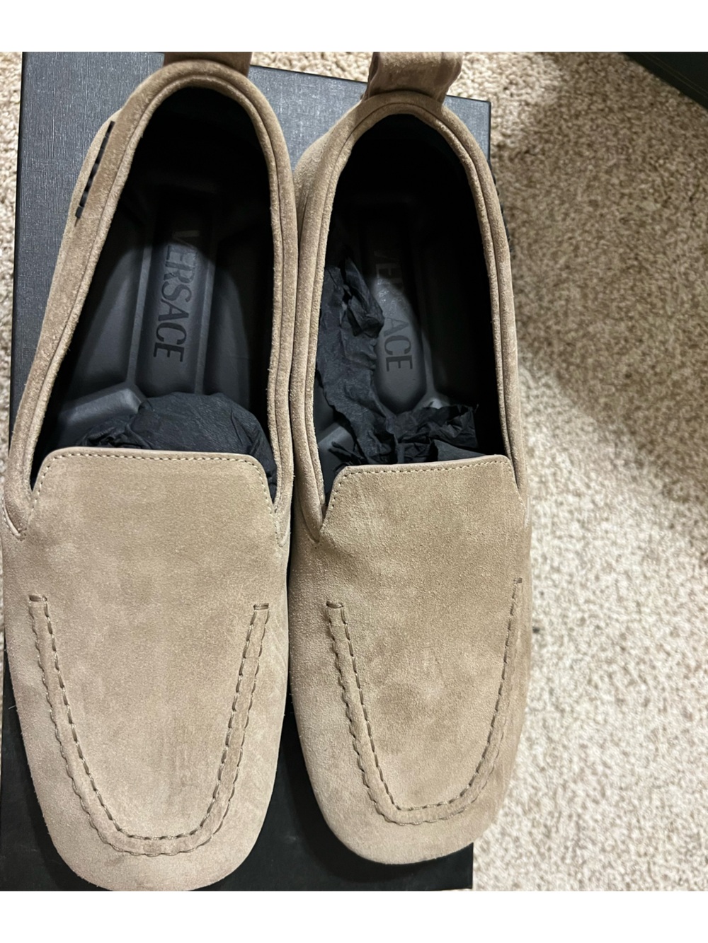 Versace Men’s Villa Suede Driving Shoes in Taupe Size 42